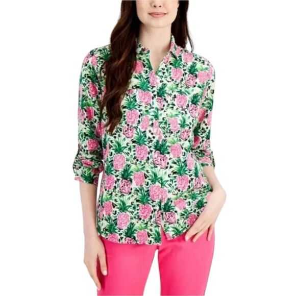 Charter Club Luxury Linen Bright Pineapple Print Roll Tab Sleeves Size Medium - Picture 1 of 10